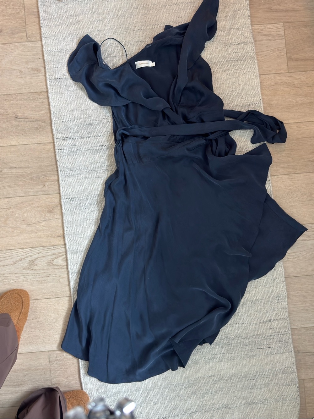 Zimmermann Navy Silk Wrap Midi Dress with Tie Waist